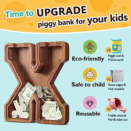 Summidate Customized Name Extra Large Wooden Piggy Bank for Kids Boys Girls Alphabets Letter A-Z Coins Bills Money Change Saving Box Clear Cover (Laser Engraved) Educational Toys 12"- Letter X