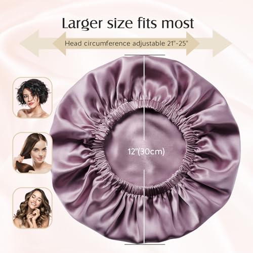 YFONG Double Layered 100% Silk Bonnet for Sleeping Women, 22 Momme Pure Mulberry Silk Sleep Cap with Adjustable Elastic Band Stay On Head，Reduce Frizz, Keep Hairstyle, Soft & Breathable, PlumPurple, M