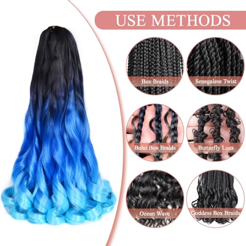 French Curl Braids Hair 8 Packs 24 Inch Ombre blue Pre Stretched Bouncy Braiding Hair French Curls Synthetic Hair Extensions for Boho Box Braids (24inch,8 Packs,Black/Royal Blue/Sky Blue)