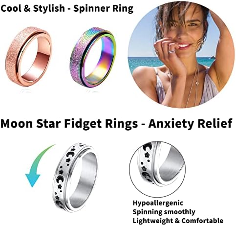 MUCAL Fidget Rings for Anxiety 8pcs Stainless Steel Spinner Ring Anti Anxiety Ring Spinning Moon Star Cool Stress Relieveing Rings for Women Men