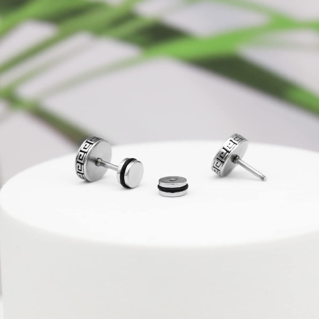 【Hypoallergenic Earrings for Men】-18G Flat Mens Surgical Steel Black Stud Earring 10mm (0.4")-【For Sensitive Skin & New Piercings】 Textured Brick Design Pair 0.28oz Men's jewelry-Para Hombre (Black)