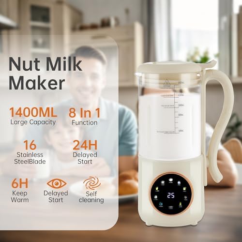 8-in-1 Automatic Soy Milk Maker with Self-Cleaning, 1400ml Large Capacity for Almond, Coconut, Oat Milk, Nut Milk, Juice, 16 Stainless Blades, 24H Delay Timer
