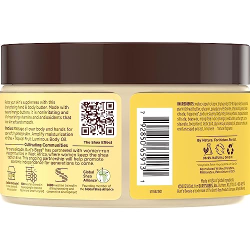 Burt's Bees Valentines Day Gifts, Shea + Tropical Fruit Indulgent Hand and Body Butter, Non-Greasy, Antioxidant Rich for Glowing Skin, Non-Irritating, Natural Origin Skin Care, 11 oz.