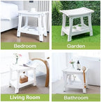 Y&M 2-Tier Bathroom Bench Shower with Waterproof Storage Shelf, HDPE Towel & Shower Head Shelves Curved Seat, Small Tub Chair for Shaving Legs Foot Stool, Bath, Spa, Indoor or Outdoor Use, White