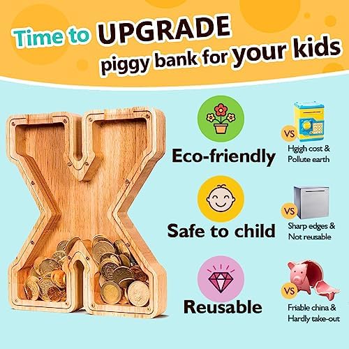 SummiDate Wooden Letter Piggy Bank| Piggy Bank for Boys Girls Toddler| Alphabet X Money Bank| Coin Bank Birthday Gift for Kids|Birthday Gift for Kids (X)