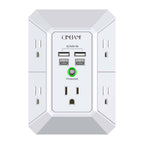 USB Wall Charger, Surge Protector, QINLIANF 5 Outlet Extender with 4 USB Charging Ports(2U2C) 3-Sided 1680J Power Strip Multi Plug Outlets Wall Adapter Spaced for Home Travel Office, White