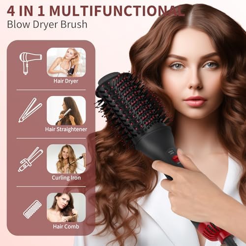 Dual Voltage Hair Dryer Brush with UK Plug Blow Dryer Brush for European Travel 110V-120V/220V-240V One Step Hot Air Brush and Styler Volumizer with Negative Ion Anti-frizz (Black+red)