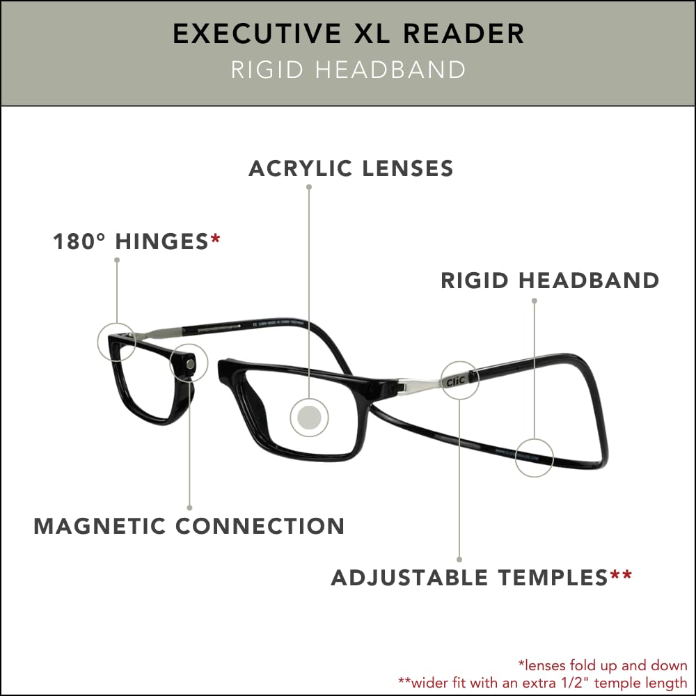Clic Magnetic Reading Glasses for Men or Women, Computer Readers, Executive XL (XL-XXL, Black, 1.25 Magnification)
