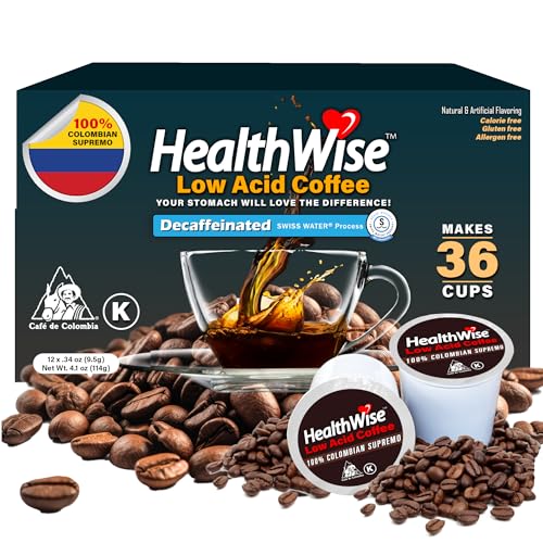 Healthwise Low Acid Unflavored Decaf, Chemical-Free Swiss Water Process, 99.9% Caffeine Free, 100% Colombian Coffee K-Cups – Medium Roast, Healthier Coffee for Sensitive Stomachs - 36 Count (Pack of 3)
