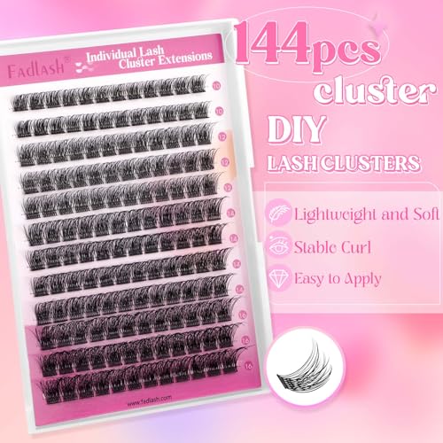 Lash Clusters 10-16mm 144pcs Mixed Tray Individual Lashes D Curl Individual Lashes Cluster Eyelash Extensions DIY Lash Extensions Eyelash Clusters Eyelash Extension Kit at Home (J03-0.07D, 10-16mm)