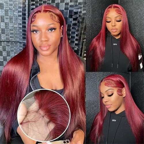 99j Burgundy Lace Front Wigs Human Hair 13x4 HD Lace Straight Red Wig Human Hair Colored Lace Frontal Wigs Human Hair 180% Density Burgundy Wig Human Hair Pre Plucked With Baby Hair 26 Inch