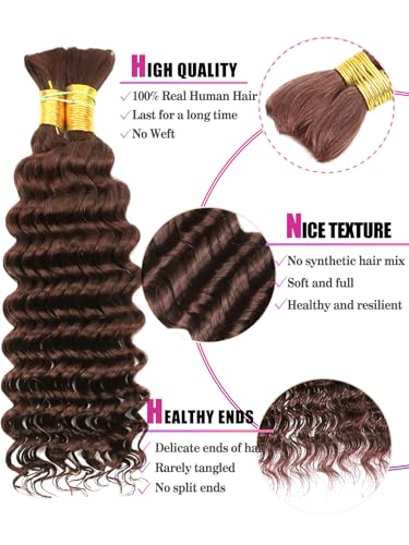Chocolate Brown Human Braiding Hair Deep Wave Bulk Human Hair for Braiding, 4# Color No Weft Curly Braiding Hair Extensions for Boho Braids Wet and Wavy Braiding Human Hair Bundles(16inch,#4,100g)