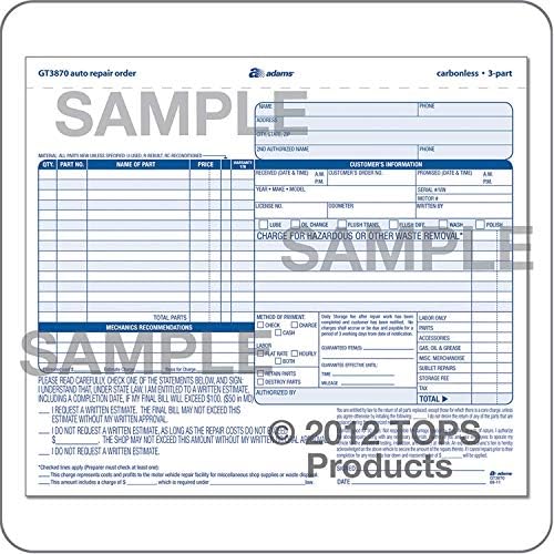Adams Auto Repair Order Forms, 8.5 x 7.44 Inch, 3-Part, Carbonless, 50-Pack, White and Canary (GT3870) - 4 Pack