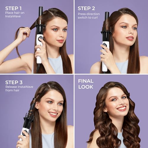 KISS Instawave Deluxe Automatic Rotating Curling Iron, Patented Automotic Spinner, 2-Way Rotation, 1” Ceramic Ionic Wand, Dual Heat Settings, 420° Max Temperature, Black & White
