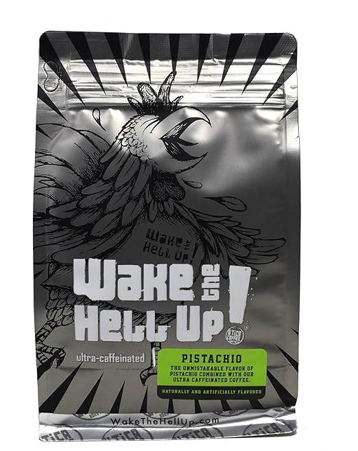 Wake The Hell Up! 12oz Ultra-Caffeinated Pistachio Ground Coffee, Low Acid, Medium-Dark Roast