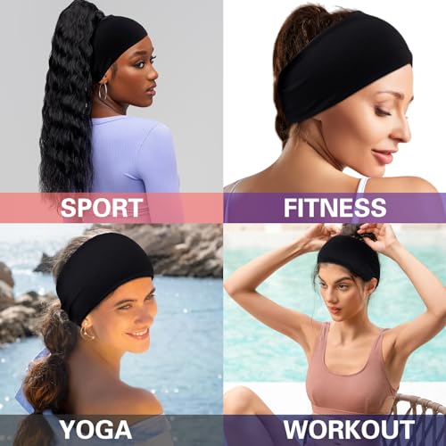 Black 4 inches Wide Headbands for Women, Non Slip Workout Yoga Running Hair Bands Head Wrap Sweat Bands, Pack of 12