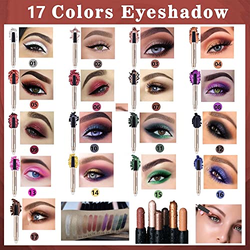 2 Pack Eyeshadow Stick and Cat Eye Black Mascara Set, Cream Shimmer Smooth Eyeshadow Pencil, Waterproof Hypoallergenic Volumizing Lengthening Mascara, Multi-Dimensional eyes Look
