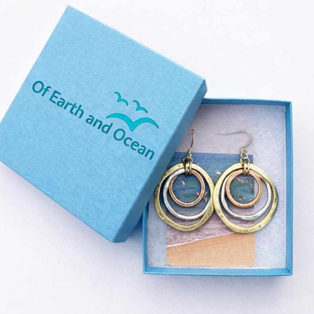 Handmade Sunrise Earrings – Cape Cod USA Award-Winning Artist Judith Stiles – Lightweight Mixed Metal Dangle Earrings – Hammered Brass, Copper & Silver Tone Circles – Coastal Beach Jewelry, Bohemian Style with a Yoga Heart – A Great Gift for Women