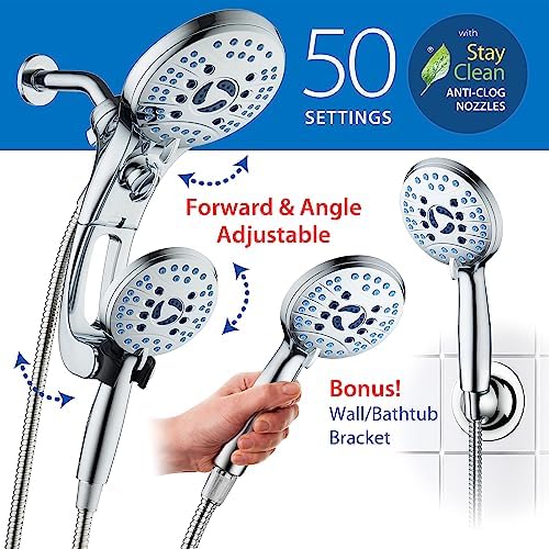 Hotel Spa AquaCare As-Seen-On-TV High Pressure Handheld/Rain 50-mode 3-way Shower Head Combo with Adjustable Arm - Anti-clog Nozzles, Tub & Pet Power Wash, 6 ft. Hose, All Chrome Finish