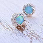Blue Round Opal Stud Earrings 6mm Sterling Silver Women Handmade Lab Created Birthstone