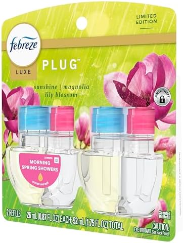 Febreze Plug In Air Freshener, Odor-Fighting Scented Oil Refill, Moring Spring Showers, 2 Refill
