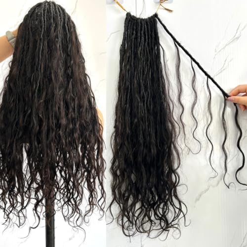 Pre-looped Crochet Boho Faux Locs with Human Hair body wave Ends Boho Hair Braids Goddess Dreadlocks Hair for Black Women Natural Color 18 Inch (Pack of 3)