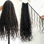 Pre-looped Crochet Boho Faux Locs with Human Hair body wave Ends Boho Hair Braids Goddess Dreadlocks Hair for Black Women Natural Color 18 Inch (Pack of 3)