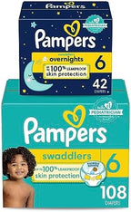 Pampers Disposable Diapers Size 6, Swaddlers 108 Count + Overnight (42 Count)
