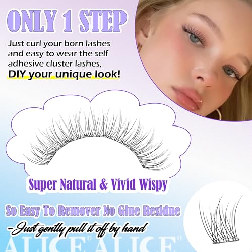 ALICE Self Adhesive Eyelashes Natural Self Adhesive Lash Clusters No Glue Needed Wispy Reusable Press on Lashes Pre-Glue 10-12mm 120pcs C Curl DIY Eyelash Extensions Kit with Lash Tweezers