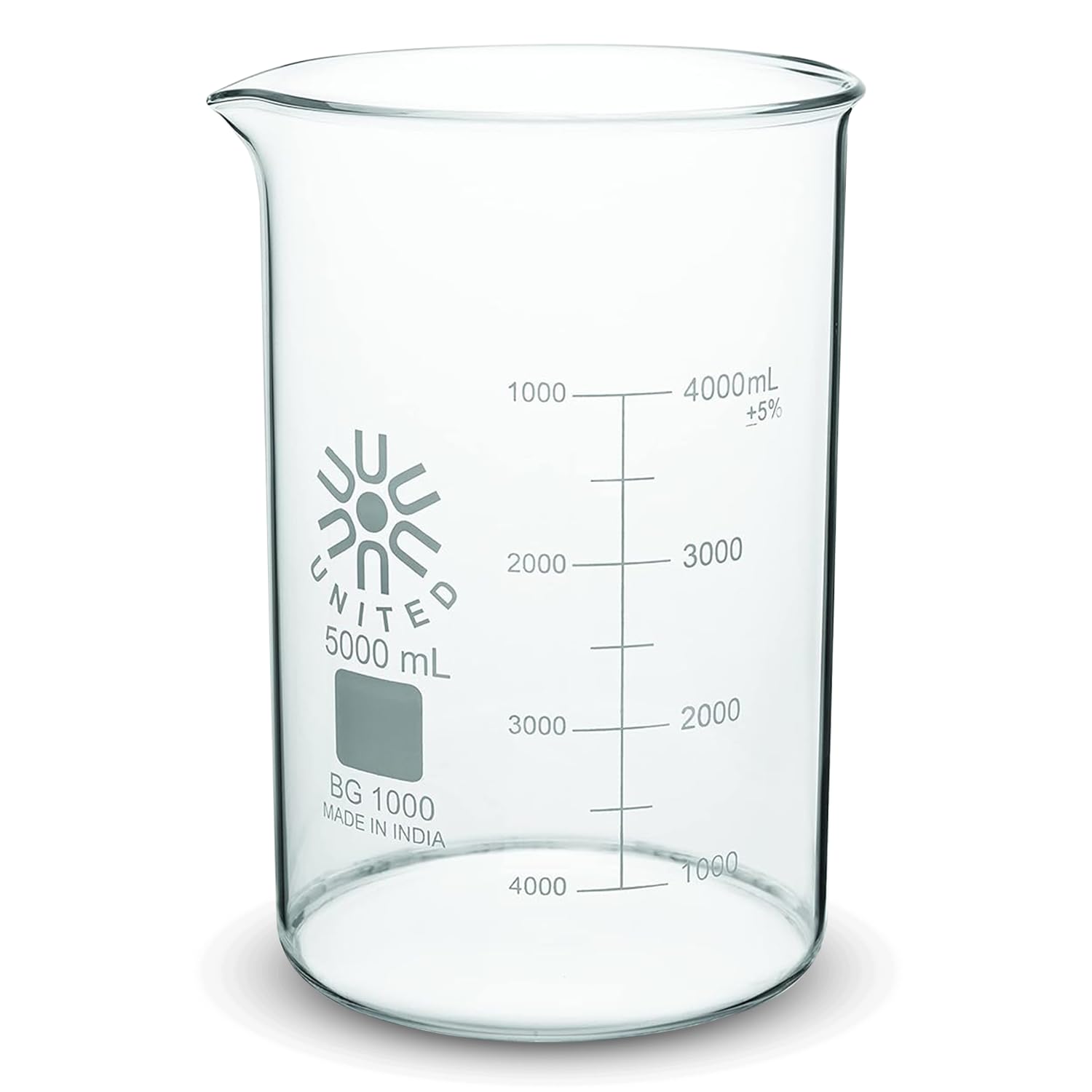 United Scientific™ Glass Beaker 5000mL, Low Form Griffin 3.3 Borosilicate, Double Scale Graduated Lab Beaker, ASTM-E960 Autoclavable Chemistry Glassware for Research, Educators, 1 Each