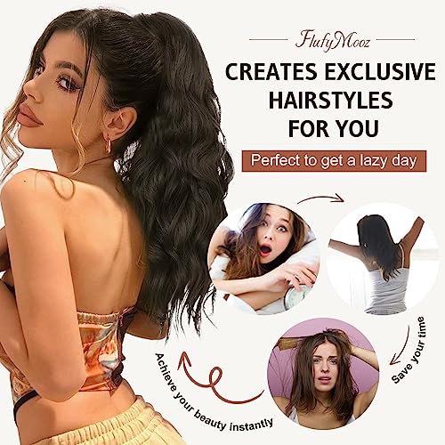Flufymooz Ponytail Extension, 18 Inch Claw Clip Ponytail Extension, Wavy Curly Claw Clip in Ponytail Hair Extensions, Fake Ponytail Synthetic Hairpiece for Women (Honey Blonde with Blonde Highlights)