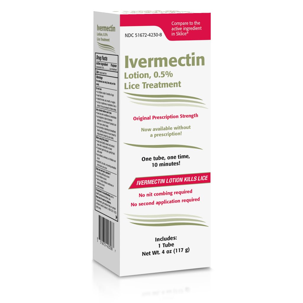 Ivermectin Lotion 0.5% Lice Treatment (4 Fl Oz) Fast-Acting 10-Minute Single Use, Prescription Strength Solution for Head Lice & Eggs, No Nit Combing Required, Adults & Kids 6 Months+