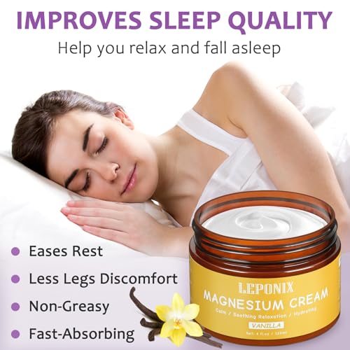 LEPONIX Magnesium Cream for Sleep, Magnesium Body Butter, Leg Cramps & Pain, Muscle Relaxation, Magnesium Lotion for Sleep, Magnesium Balm for Men Women, Safe for Kids (120ml, Vanilla)