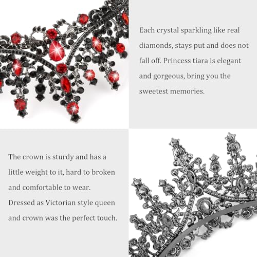CURASA Black Tiaras for Women Red Gothic Crown for Women Girls Queen of Hearts Crown Quinceanera Tiara Princess Crowns Royal Queen Crown Baroque Vintage Crown for Halloween Costume Birthday Cosplay