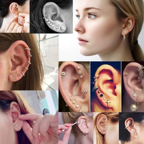 Ear piercing gun kit Reusable professional ear piercing gun kit, 24 surgical grade anti-sensitive piercing earrings, 10 cubic zirconia fashion earrings, 24 alcohol cotton sheets (silver)
