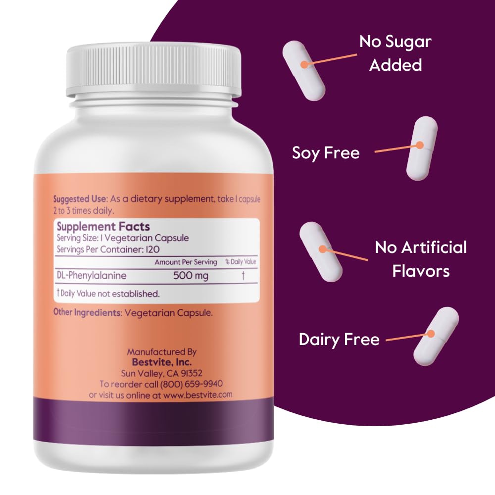 BESTVITE DL-Phenylalanine 500mg (240 Vegetarian Capsules) (2-Pack) - No Stearates - No Fillers - Vegan - Gluten Free - Non GMO
