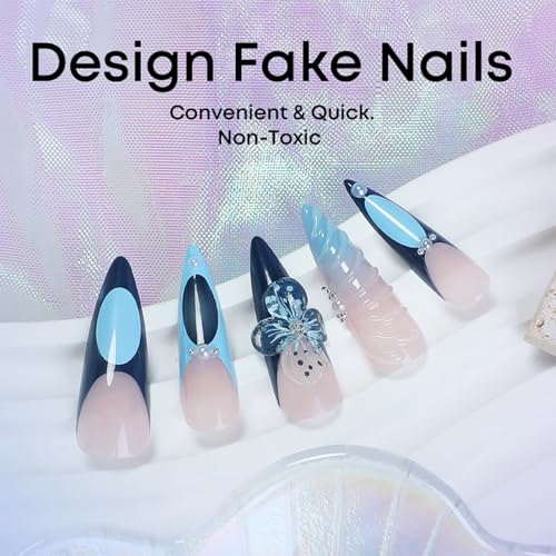 3D Flower Press on Nails 3D Curve Line False Nails French Tips Gel Glue on Long Stiletto Nails Glossy Blue French Tips Acrylic Fake Nails Pearls Stick on Nails for Coquette Women 24 Pcs