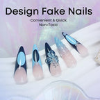 3D Flower Press on Nails 3D Curve Line False Nails French Tips Gel Glue on Long Stiletto Nails Glossy Blue French Tips Acrylic Fake Nails Pearls Stick on Nails for Coquette Women 24 Pcs