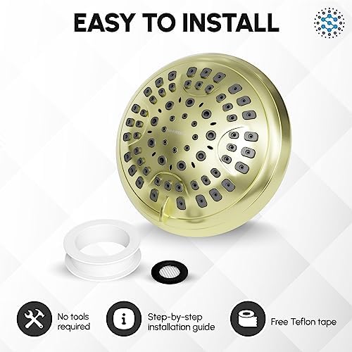 Luxury Spa Series Shower Head, 6 Spray Setting, 4.5 Inch Adjustable High Pressure Shower Head Fixture for Hard Water, 360-Degree Tilt Massage Shower System - Brushed Gold Shower Head