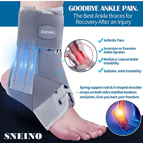 SNEINO Ankle Brace for Women & Men - Ankle Brace for Sprained Ankle, Adjustable Lace Up Ankle Brace for Running, Basketball, Volleyball, Ankle Support Brace for Sprain, Injury Recovery, Grey-Medium