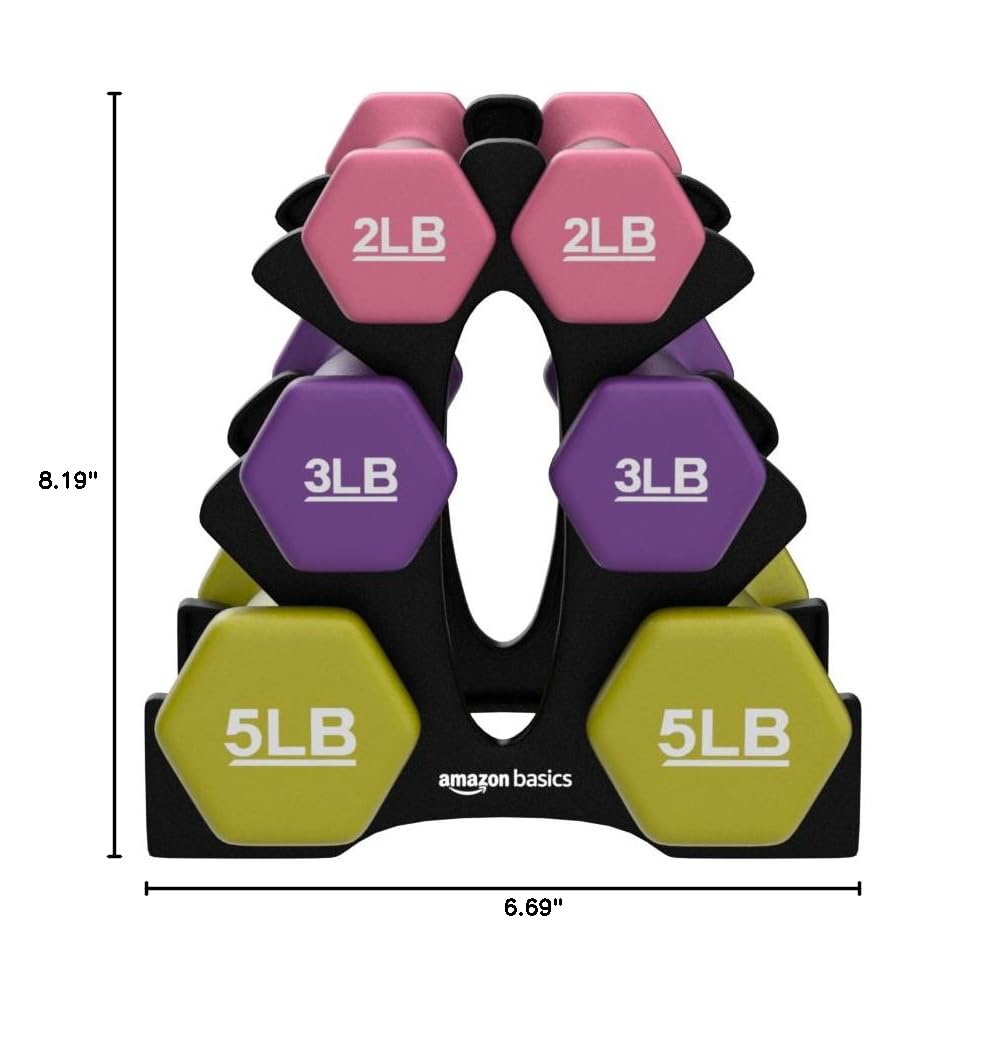 Amazon Basics Neoprene Dumbbell Hand Weights with Stand, Rack with 3 Pairs (2, 3, and 5 pound), Non-Slip Hexagon, Pink/Purple/Green