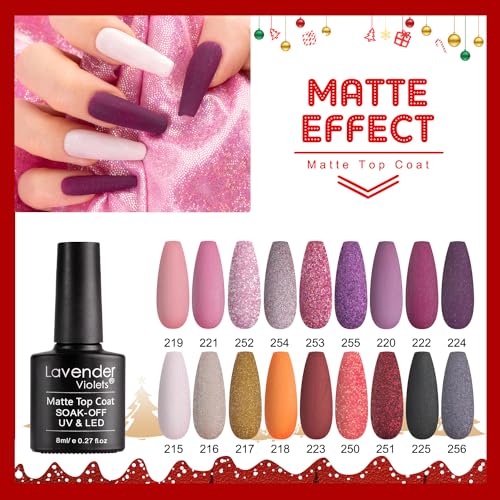 Lavender Violets Gel Nail Polish Kit - 18+3 Colors Glitter Purple Gray Silver Gold Soak-off UV LED Nail Gel Set with Base, Matte and Glossy Top Coat F985A