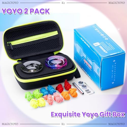 MAGICYOYO K2 Crystal Yoyo 2 Pack, Professional Responsive Yo Yo for Kids Beginner, Dual Purpose Yo yo with Unresponsive Bearing for Advanced +12 Yo-yo Strings+2 Holes Case(Gradient+Black)