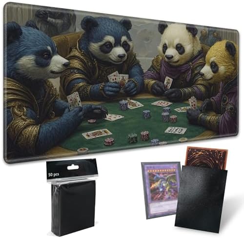 Playmats for Magic: The Gathering MTG Card Game Mat Plus 50 Pcs Card Sleeves, 24 x 14 inch TCG Mat with Stitched Edge for Commander Deck Duskmourn Board Game, Pandas Play Poker