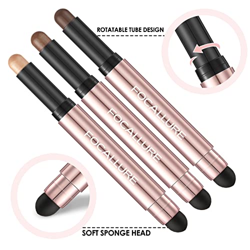 FOCALLURE 3 Pcs No Crease Eyeshadow Sticks,Shimmer & Matte Eye Shadow Crayon with Blending Brush,Smooth Cream Highlighter Pen,Long Lasting Eyeshadow Brightener Stick Makeup,July In Seattle