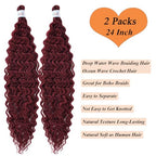 Burgundy Curly Wavy Braiding Hair Pre Stretched Boho Hair for Braiding Deep Ocean Wave Crochet Hair Water Deep Wave Boho Curls Bohemian Braids Hair Extensions 24 inch 2 Packs