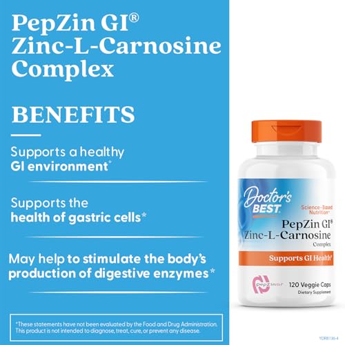 Doctor's Best PepZin GI, Zinc-L-Carnosine Complex for Men & Women - Zinc Carnosine Supplement Caps for Gut Health, Digestive Support, & Stomach Comfort, Vegan, Gluten Free - 120 Veg Capsules