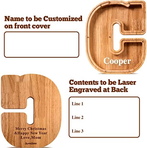 Summidate Customized Name Large Wooden Piggy Bank for Kids Boys Girls Alphabets Letter A-Z Coins Bills Money Change Bank Box Initial on Clear Cover (Laser Engraved) Educational Toys 9"- Letter C