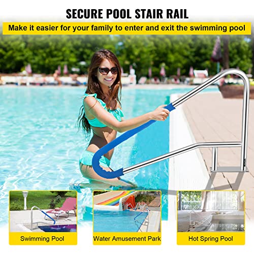 VEVOR Pool Rail 55x32 Pool Railing 304 Stainless Steel 250LBS Load Capacity Silver Rustproof Pool Handrail Humanized Swimming Pool Handrail with Blue Grip Cover & M8 Drill Bit & Self-Taping Screws