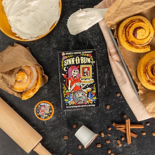 Bones Coffee Company Sinn 'O' Bun Flavored Coffee Beans, Whole Bean Coffee Medium Roast Low Acid, Cinnamon Bun Flavor (12 oz)